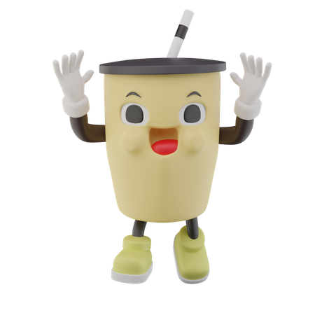 Paper Cup Soft Drink Character rise two hands  3D Icon