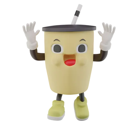 Paper Cup Soft Drink Character rise two hands  3D Icon