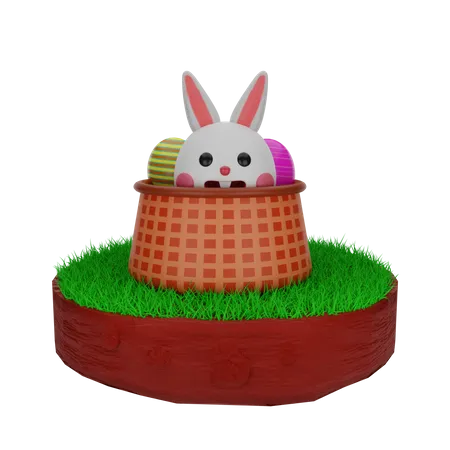 Lapin de Pâques dans un panier avec des œufs  3D Illustration