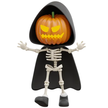 La Parca con disfraz de cabeza de calabaza  3D Illustration