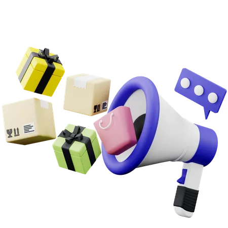3 D Illustration Of Megaphone With Gift Boxes Parcel Box And Shopping Bags 3D Icon