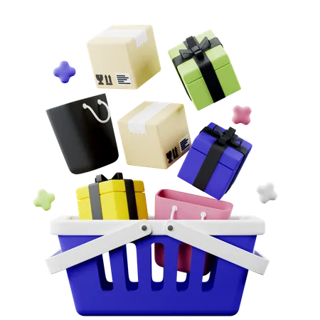 3 D Illustration Of Shopping Basket With Gift Boxes Parcel Box And Shopping Bags 3D Icon