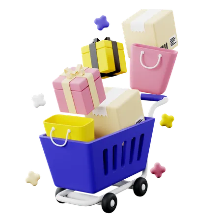 3 D Illustration Of Shopping Cart With Gift Boxes Parcel Box And Shopping Bags 3D Icon