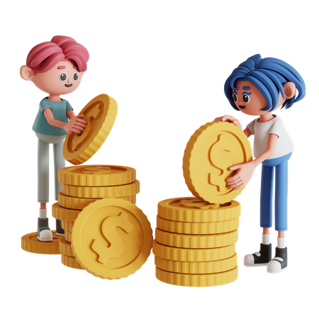 Pareja apilando dinero  3D Illustration