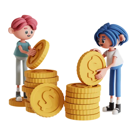 Pareja apilando dinero  3D Illustration