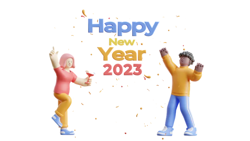 Pareja celebrando el año nuevo 2023  3D Illustration