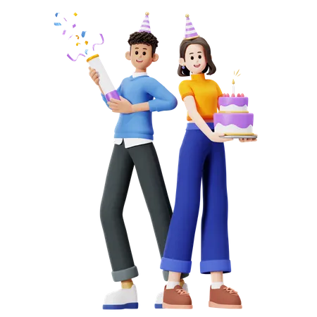 Pareja celebrando cumpleaños  3D Illustration