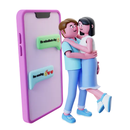 Pareja celebrando San Valentín con teléfono  3D Illustration