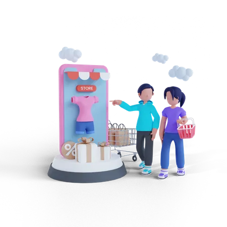 Representacion 3 D Del Concepto De Compras En Linea Del Telefono Inteligente Con Pantalla De Hombre Y Mujer 3D Illustration
