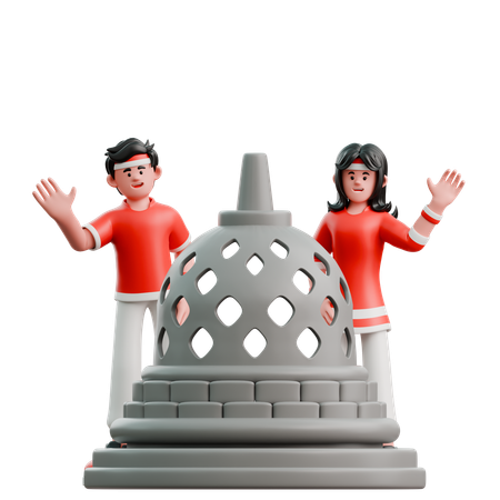 Pareja con el templo de Borobudur  3D Illustration