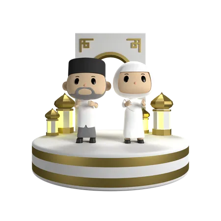 Pareja de ancianos eid mubarak  3D Illustration