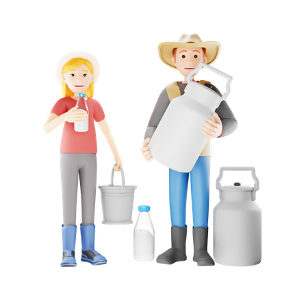 Pareja de agricultores recogiendo leche fresca en botella  3D Illustration