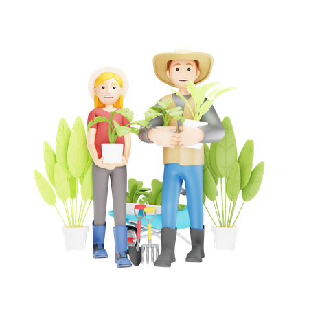 Pareja de agricultores sosteniendo macetas  3D Illustration