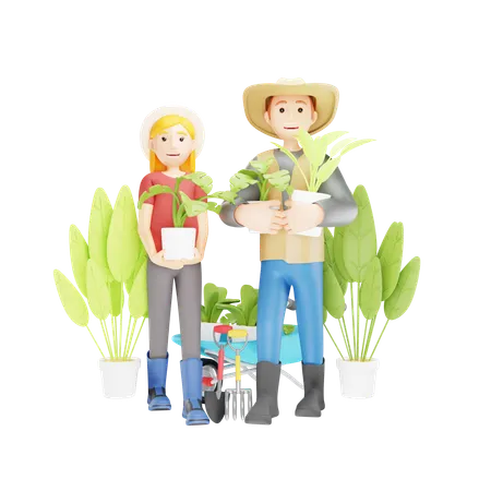 Pareja de agricultores sosteniendo macetas  3D Illustration