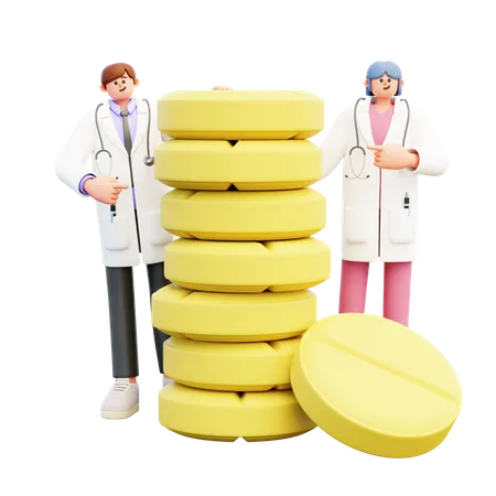 Pareja de médicos de pie cerca de la torre de pastillas grandes  3D Illustration