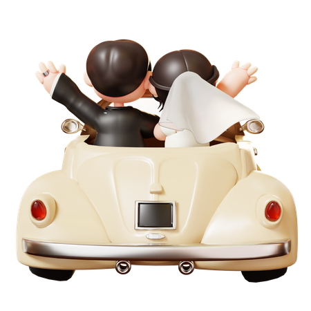 Pareja de recién casados en coches de boda antiguos  3D Illustration