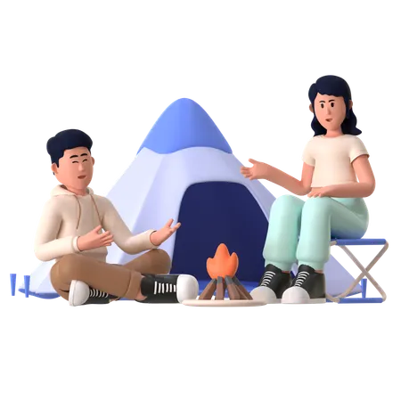 Pareja disfrutando de un viaje de campamento  3D Illustration