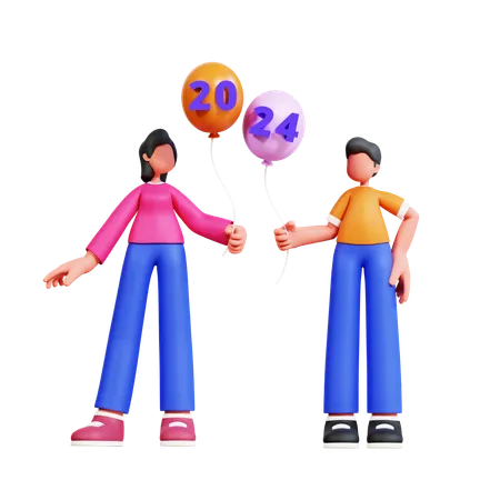 La pareja está jugando con globos de año nuevo.  3D Illustration