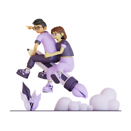 Feliz pareja volando con lápiz cohete  3D Illustration