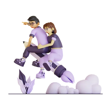 Feliz pareja volando con lápiz cohete  3D Illustration