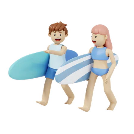 Pareja sosteniendo tabla de surf  3D Illustration