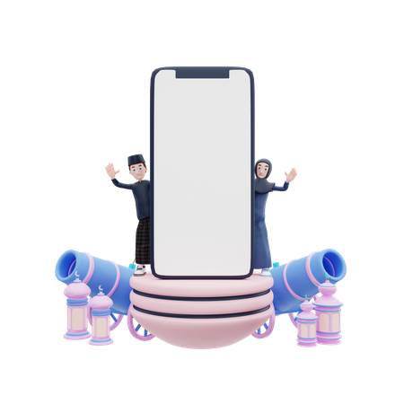 Pareja islámica con pantalla de teléfono en blanco  3D Illustration