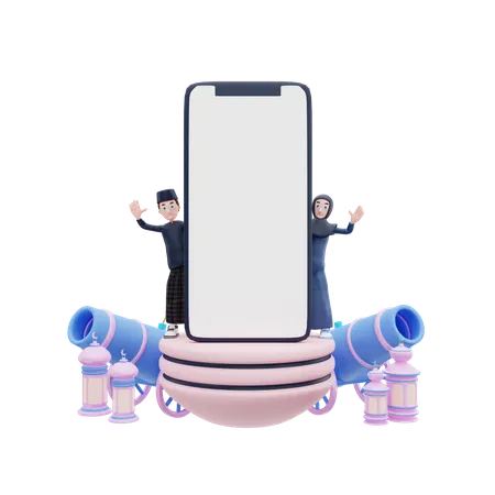 Pareja islámica con pantalla de teléfono en blanco  3D Illustration