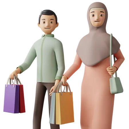 Pareja islámica haciendo compras de Eid  3D Illustration