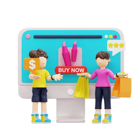 Pareja joven haciendo compras desde el sitio web  3D Illustration