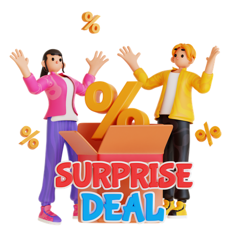 Pareja joven haciendo compras en oferta sorpresa  3D Illustration