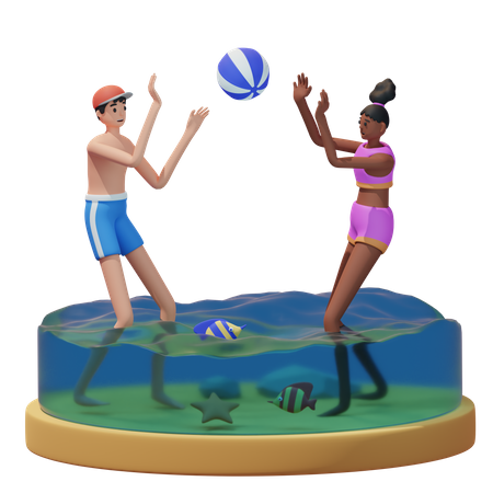 Pareja, juego, pelota, en la playa  3D Illustration