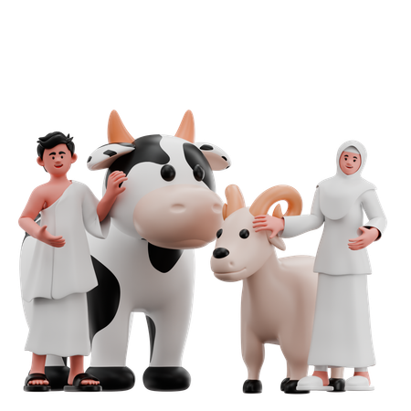Pareja musulmana con animal de sacrificio  3D Illustration