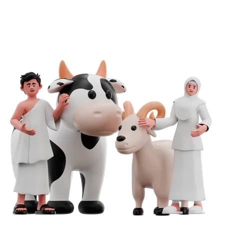 Pareja musulmana con animal de sacrificio  3D Illustration