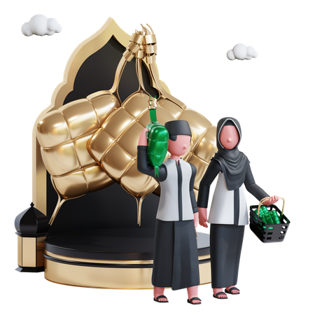 Pareja musulmana con ketupat  3D Illustration