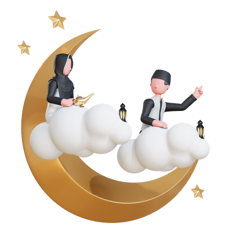 Pareja musulmana en la luna  3D Illustration