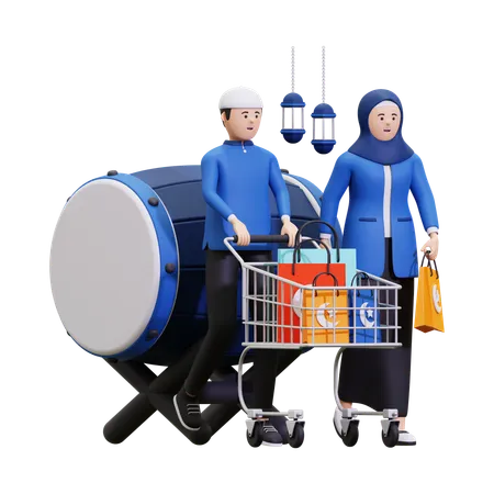 Pareja musulmana haciendo compras para el Ramadán  3D Illustration