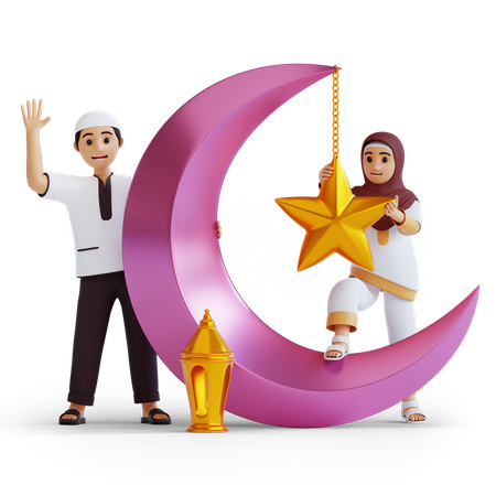 Pareja musulmana haciendo decoración de Ramadán  3D Illustration
