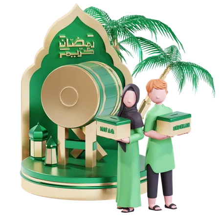 Pareja musulmana haciendo donación en Ramadán  3D Illustration