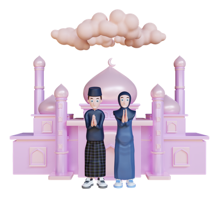 Pareja musulmana rezando en una mezquita  3D Illustration