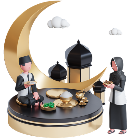 Pareja musulmana teniendo iftar  3D Illustration