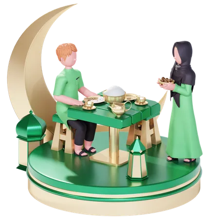 Pareja musulmana teniendo iftar  3D Illustration