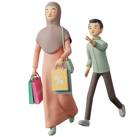 Pareja musulmana yendo de compras para Eid  3D Illustration