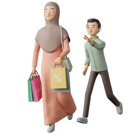 Pareja musulmana yendo de compras para Eid  3D Illustration