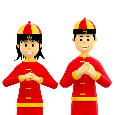 Pareja rezando en el año nuevo chino  3D Illustration