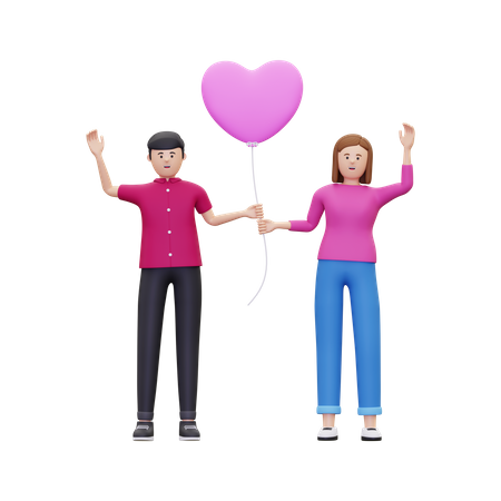 Pareja sosteniendo un globo en forma de corazón  3D Illustration