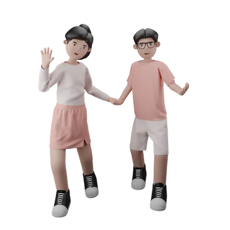 Pareja tomados de la mano mientras saluda  3D Illustration