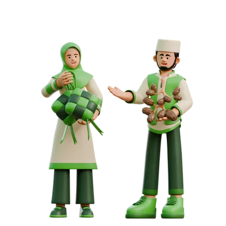 Una pareja de Ramadán trae comida para el Eid  3D Illustration