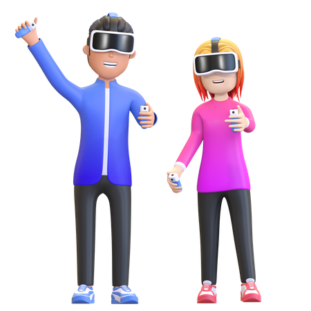 Pareja usando casco de realidad virtual  3D Illustration