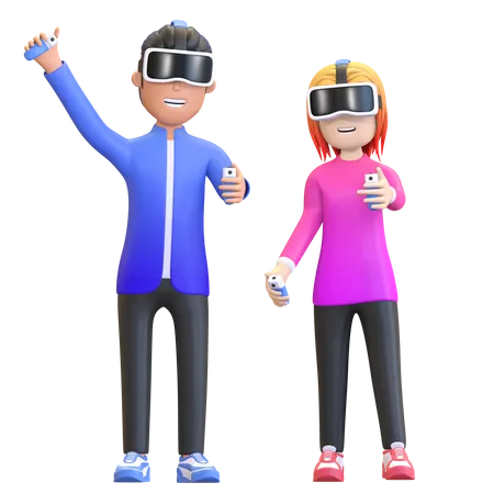 Pareja usando casco de realidad virtual  3D Illustration