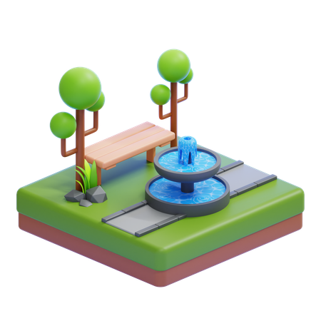 Park With Fountain And Bench  3D Icon